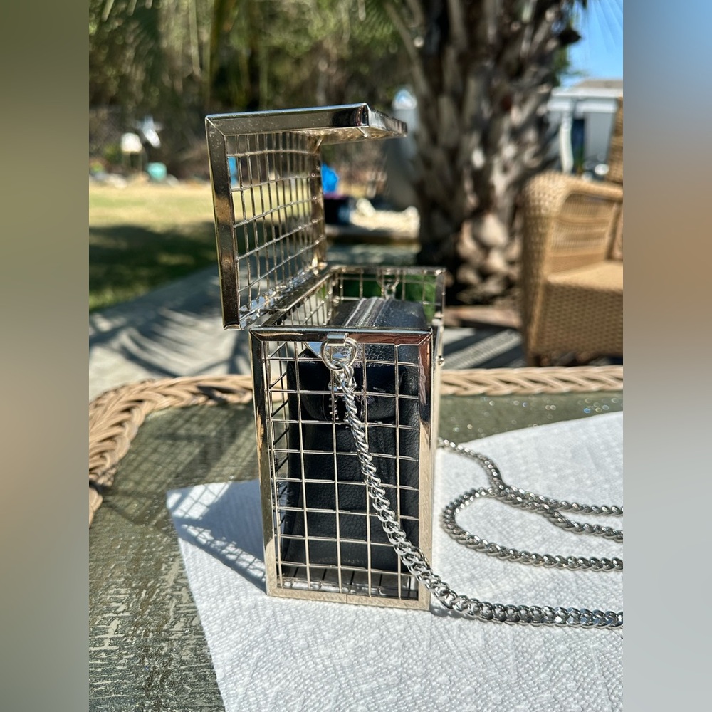 Silver and Black Cage Clutch with Chain - Picture 10 of 11